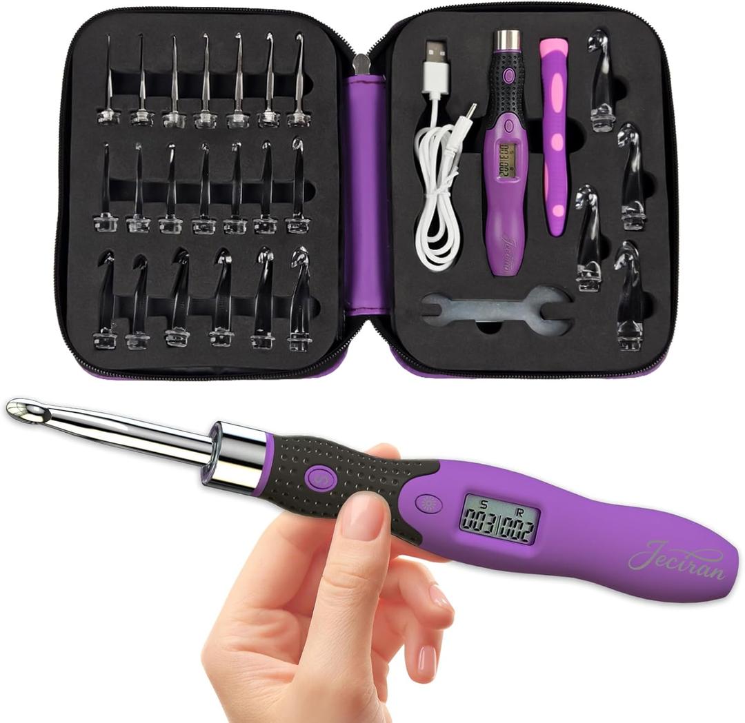 Upgraded Counting Crochet Hook Set - 24-in-1 Interchangeable Hooks Kit - Light Up, Digital Stitch & Row Counter- No Need to Move Fingers- Ergonomic for Arthritic Hands - Cool Gift (Purple-24 Size)