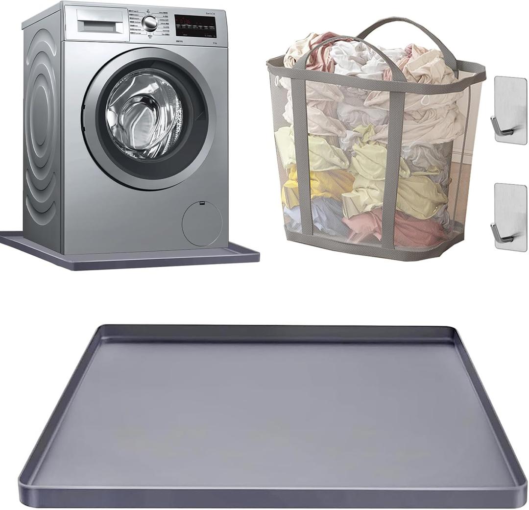 27x27inch Washer Drain Pan With Foldable Dirty Clothes Basket and Hook, Multi-function Non Slip Washer Drip Tray, With Raised Edge Washing Machine Silicone Mat, Soft Foldable Waterproof Pad, Grey