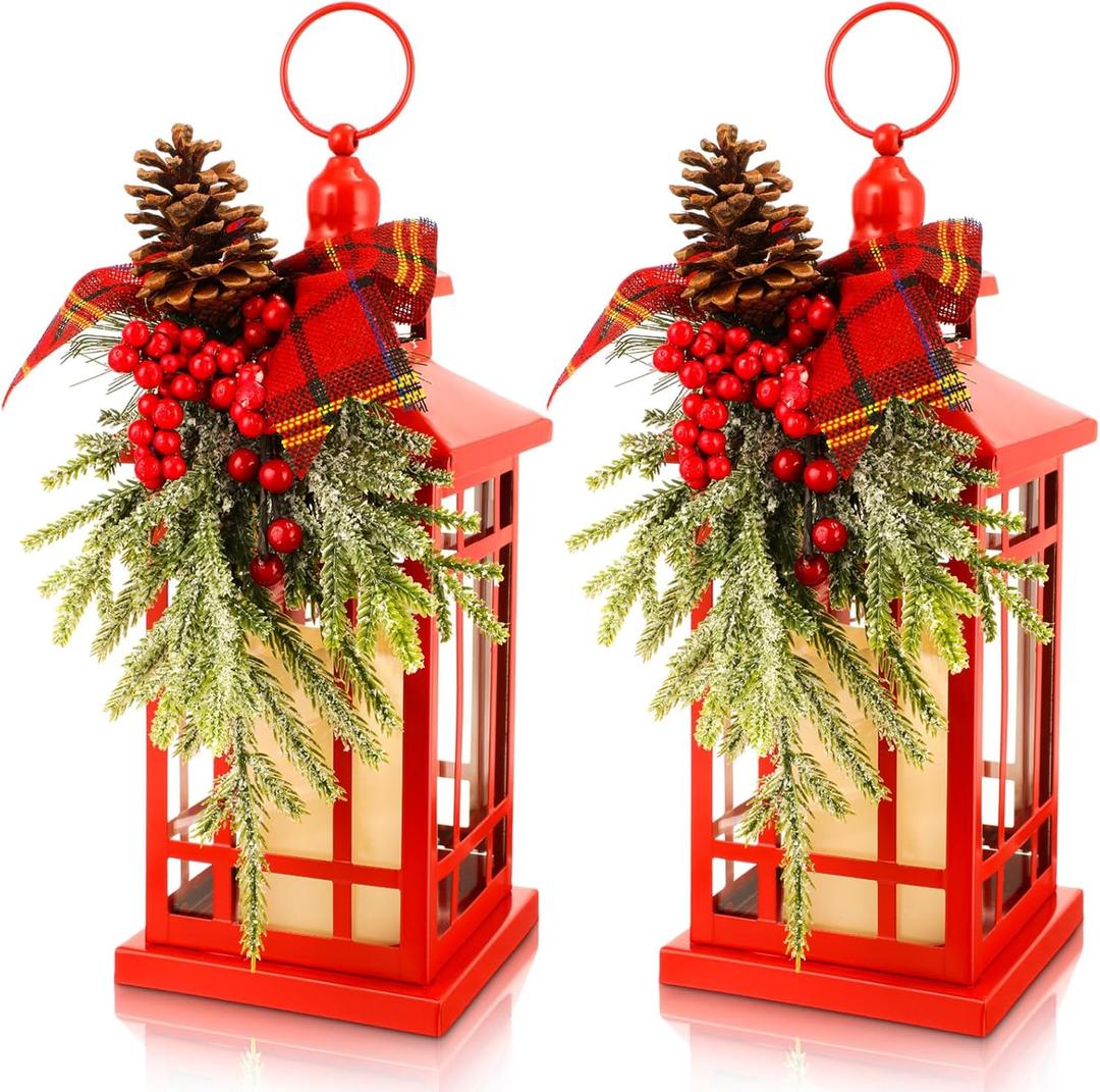 Tuanse 2 Pcs Christmas Decorative Lanterns Red Metal Hanging Candle Lantern Vintage Flameless Decorative Lanterns with LED Lights for Indoor Outdoor Home Table Porch