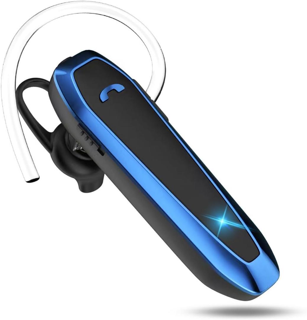 Bluetooth Headset, V5.3 Wireless Handsfree Earpiece with Noise Cancelling Mic, 33 Hours Talking Time, Single Ear Headset Compatible with iPhone Android Cell Phones for Driving Business, Blue