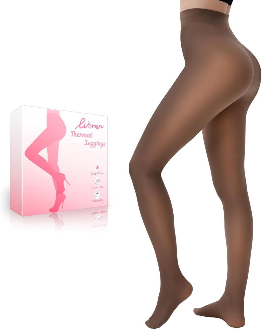 HONGTEYA Fleece Lined Tights Women Winter Thermal Leggings Pantyhose Fake Translucent Thick Warm Sheer Tights (Small, Brown)