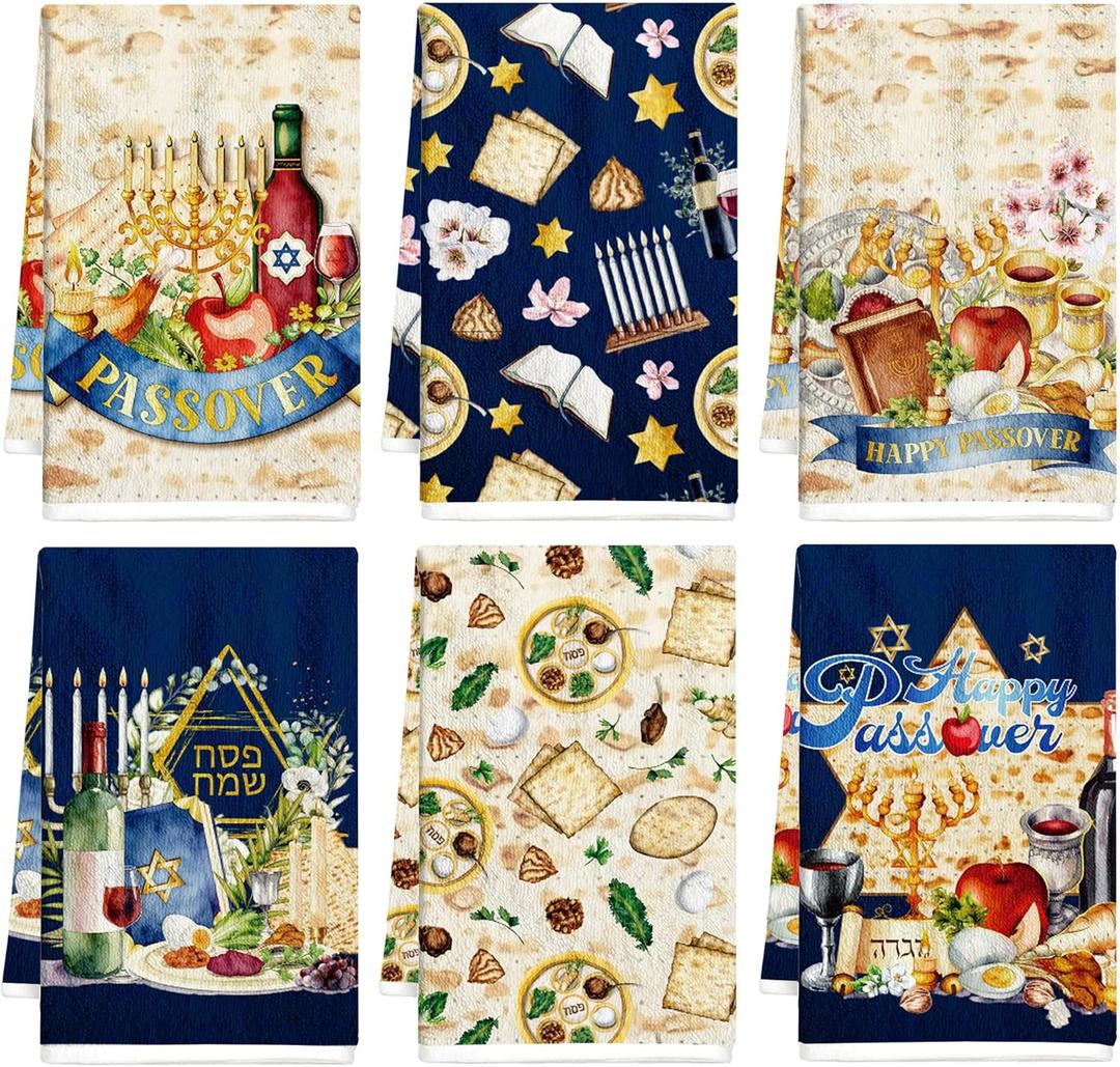 Passover Kitchen Towels Set of 6, Jewish Pesach Seder Plate Star of David Hand Towels Dish Towels for Kitchen Bathroom Festival Holiday Party Dining Passover Decorations 16x24 Inches