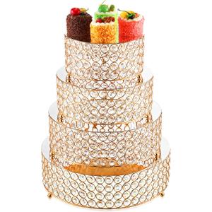 Uiifan 4 Pcs Crystal Gold Cake Stand Set 4 Size Elegant Round Dessert Display Metal Cupcake Stand with Mirror Plate Crystal Beads for Party Birthday Festival Anniversary Holiday 8/10/ 12/14''