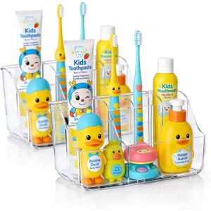 Sotfamily 2-Pack Clear Kids Toothbrush Holders for Bathrooms, Wall-Mounted Tooth Brush Holder & Toothpaste Holder for Bathroom Countertop or Wall, Space-Saving Bathroom Organizers and Storage(No-Drill