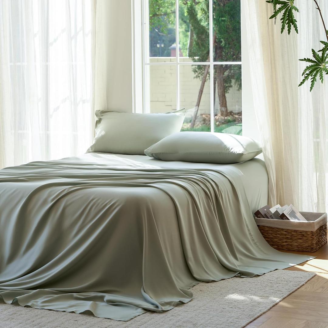 DOZ Sheet Set, 100% Viscose derived from Bamboo, Organically Grown, Buttery Soft, Cooling Sheets, High GSM, Deep Pockets - 4 Piece - 2 Pillowcases 1 Fitted 1 Top Sheet (Sage, Queen)
