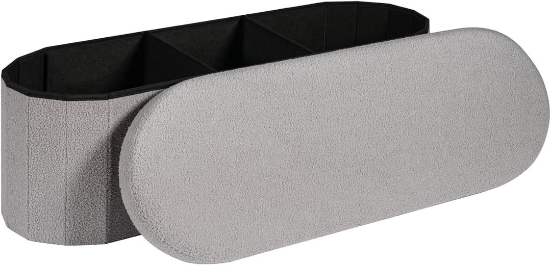 Storage Ottoman Bench, 43.3" Oval Upholstered Ottoman Foot Rest Foldable Boucle End of Bed Storage Bench for Living Room, Entryway, Grey