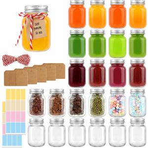 25 Pack 2 oz Mason Jars with Silver Lids, Mini Glass Jar for Ginger Shots, Small Juice Shot Container for Beverage Storage Candle Gifts Honey Jam Spices Wedding Party Favors