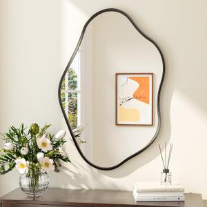 Keonjinn Black Irregular Mirrors for Wall 24" x 36" Inch, Asymmetrical Metal Frame, Tempered Glass Decorative Mirror for Bathroom, Bedroom, Living Room, Entryway(Horizontal/Vertical)