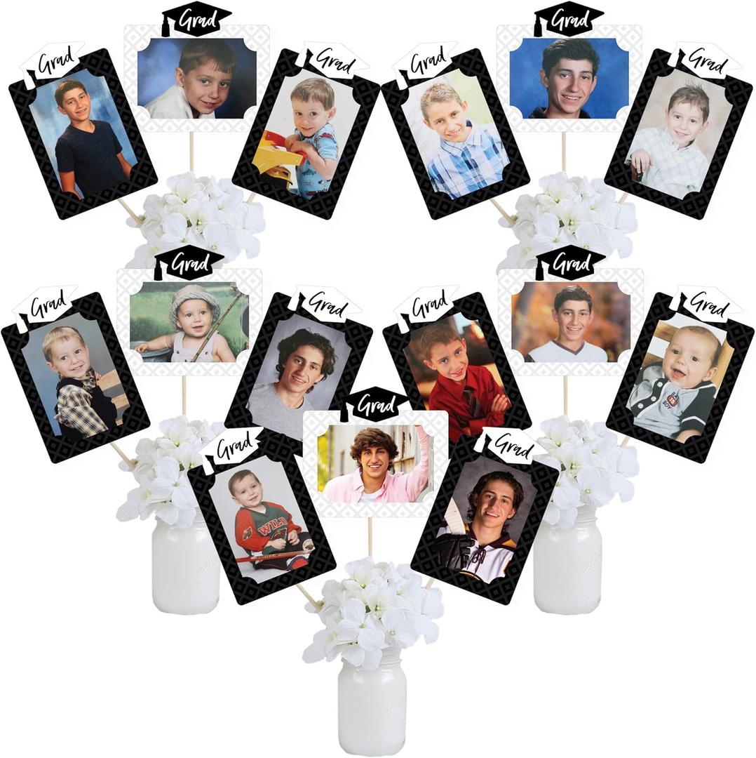 Graduation Photo Display Centerpiece Kit - 15 Double-Sided Photo Table Topper Sticks, Vertical and Horizontal 4x6 Picture Holders, DIY Party Decoration Set - Black and White Grad Graduation Photo Display Centerpiece Kit - 15 Double-Sided Photo Table Topper Sticks, Vertical and Horizontal 4x6 Picture Holders, DIY Party Decoration Set - Black and White Grad