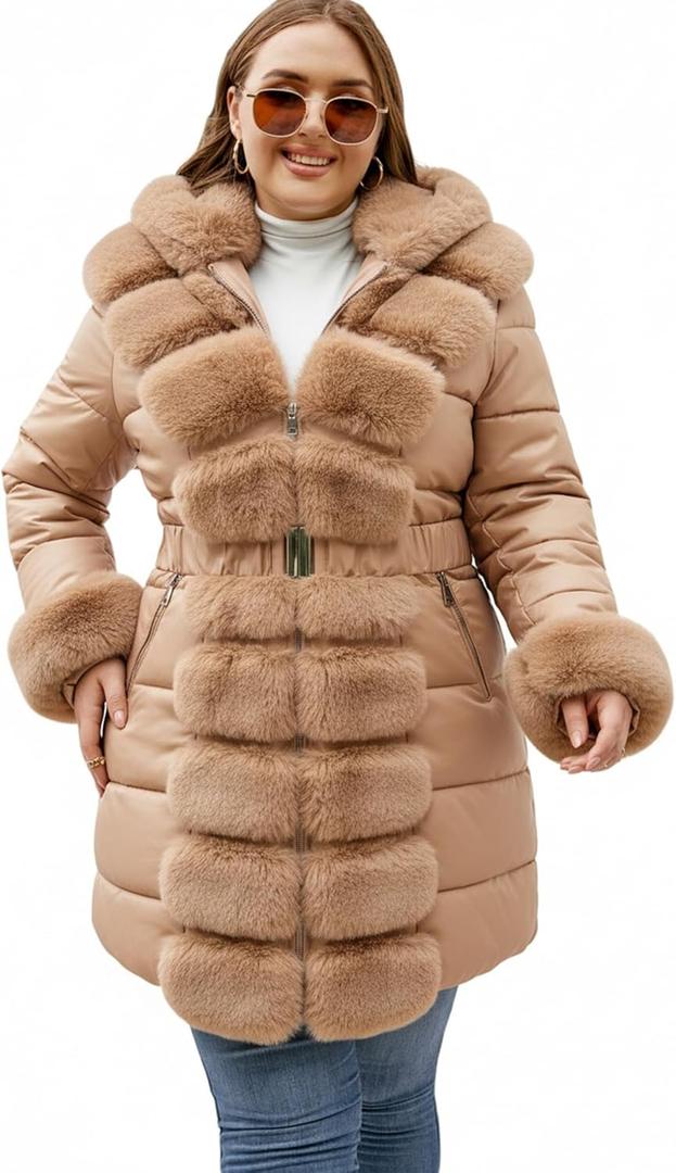 RISISSIDA Plus Size Oversized Women Winter Puffer Coat,Fur Lined Jacket,Fur Trim Hooded,Warm Quilted Leather Bubble Overcoat (XX-Large Plus, Apricot)
