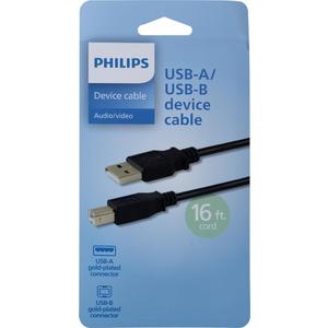 Philips USB-A to USB-B Printer Cable, 16 Ft Long Cord, Connect Laptop or Desktop, Data Transfer 480 Mbps, Gold Plated, HP, Canon, Brother, Samsung, Dell, Epson, Lexmark, Xerox, Black, SWV3173B/37