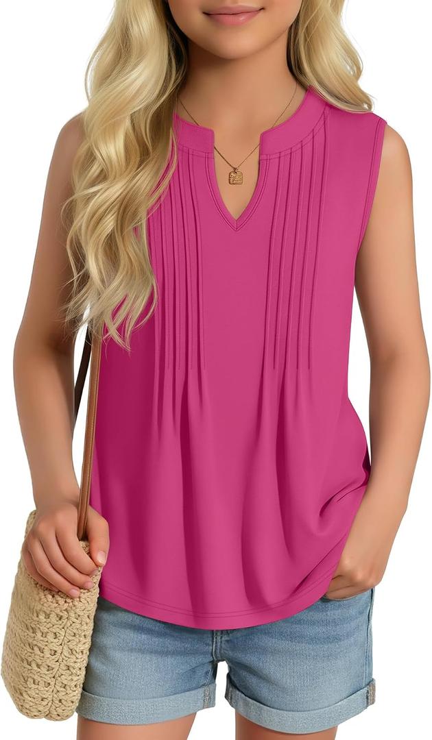 Ficerd Girl's Tank Tops V Neck Sleeveless Summer Shirts Kids Pleated Loose Blouse Dressy Casual Curved Hem Tees 5-14 Years