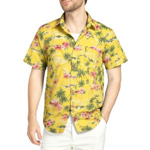 SSLR Pack Hawaiian Shirt for Men Flamingo Short Sleeve Casual Button Down Shirts Summer Beach Shirt (Yellow, L)