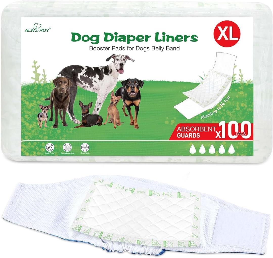 Dog Diaper Liners 100ct, Super Leak Proof and Absorption Disposable Dog Diaper Booster Pads for Female and Male Fit Most Reusable Pet Belly Bands, Wraps, and Period Diapers (X-LargeXL-100ct)