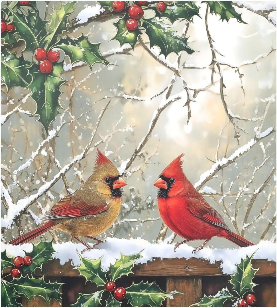 3 x Christmas Red Male Female Birds Holly Leaves Dishwasher Magnet Cover 23x26 in Refrigerator Magnetic Stickers for Kitchen Home Decoration Fridge Panel Decal Pad