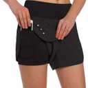 Ksmien Women's 2 in 1 Running Shorts - Lightweight Athletic Workout Gym Yoga Shorts Liner with Phone Pockets (Large, Black)