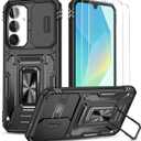 for Samsung Galaxy A17 5G Case with Slide Camera Cover + Screen Protector(2 Packs), Rotated Ring Kickstand Military Grade Shockproof Protective Cover (Black)