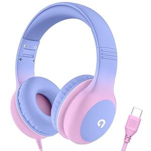 ADOOPE Wired Kids Headphones with USB C Plug, 85dB Safe Volume, Adjustable Headband, Tangle-Free Cord Headphones for School, Tablet, Travel (Light Purple & Pink, Without Microphone)