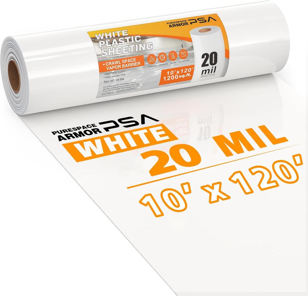 Crawl Space Vapor Barrier, 20 Mil Vapor Barrier, 10'x120', White Plastic Sheeting - Thick Plastic Sheeting, Heavy Duty Polyethylene Film, Drop Cloth Vapor Barrier Covering for Crawl Space, Basement