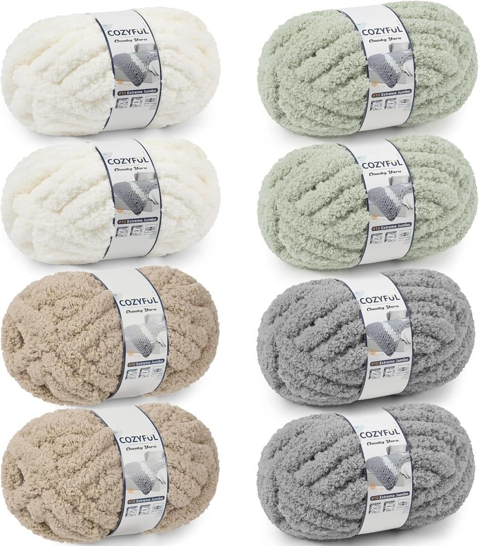 Cozyful Chunky Yarn for Hand Knitting - #10 Chunky Chenille Yarn, Jumbo Big Thick Chunky Yarns for Crocheting, Super Bulky Chunky Knit Blanket Yarns, 8 Skein (25yd, 8oz/Skein), Cream&Sage&Khaki&Grey