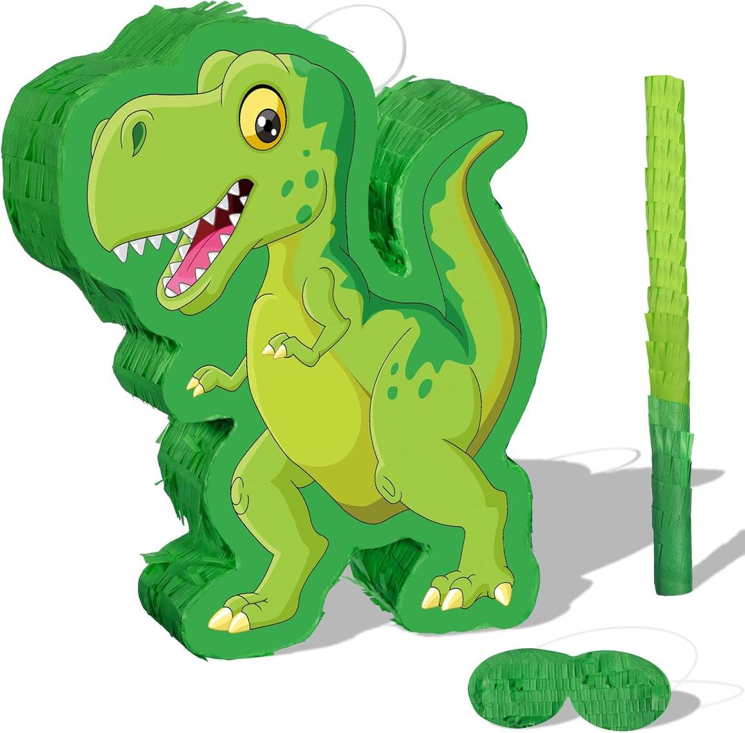 Zonon Green Dinosaur Piata Bundle, String Piata Dinosaur with a Blindfold and Stick Pull for Animal Themed Birthday Parties, Decorations Supplies, 16.5 x 11.8 x 3.1 Inches