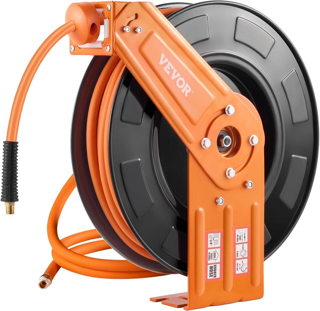 VEVOR Retractable Air Hose Reel, 3/8IN x 100FT Rubber Air Hose Max 300PSI, Air Compressor Hose Reel Auto-Rewind with 5FT Lead in, Ceiling/Wall Mount Heavy Duty Single Arm Steel Reel, 1/4" NPT Fitting (Black)