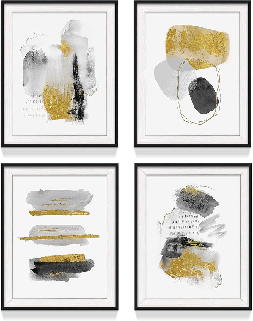 Abstract Brush Stroke Wall Art: Bedroom Living Room Framed Modern Geometric Shape Painting Print 4 Piece Minimalist Watercolor Gold Foil Picture Contemporary Artwork Decor for Home (16"x20"x4 Pcs, No.1)