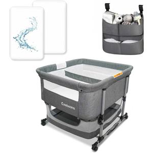 Twin Bassinet for 2 Babies with 2-Pack Waterproof Sheets and Hanging Diaper Organizer, Bedside Double Bassinet for Twins, Rocking Bassinet for Baby with Storage Basket, Includes Mattress
