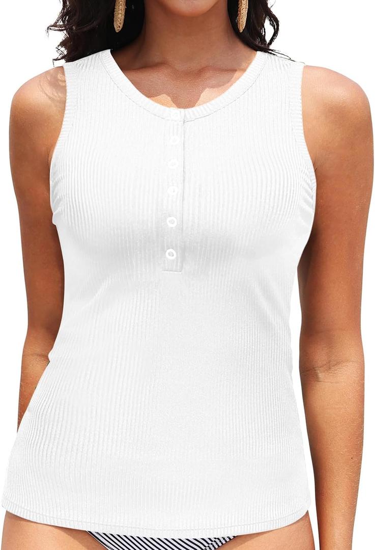 Daci Tankini Tops for Women High Neck Swim Top Tummy Control Bathing Suit Top Modest Swim Tank Top No Bottom (X-Large, Ribbed White)