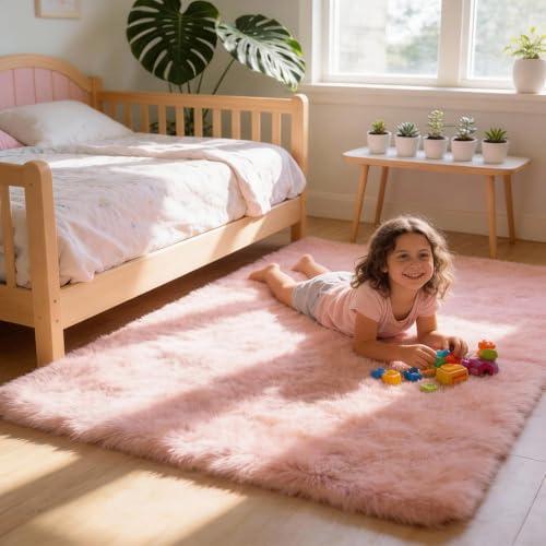 MATIIUI Ultra-Soft 3x5 Pink Shag Rug for Girls’ Bedroom – Small Fluffy Non-Slip Area Rugs for Living Room, Kids Room, Nursery, Playroom, Dorm, Home Office, Modern Plush Carpet Home Décor