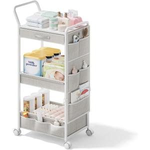 BBLIKE 3-Tier Diaper Caddy Organizer - Rolling Utility Baby Cart with Drawer and Side Pockets for Nursery and Baby Essentials, Multi-Function Cart for Bedroom and Bathroom, White
