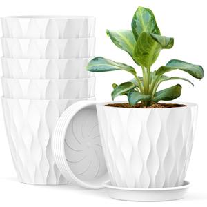 6 Pack 4 Inch Small Plant Pots with Saucers, 3D Textured Plastic Planters with Drainage Holes for Indoor and Outdoor Plants, Flowers, Herbs, Succulents, and Seedlings, White