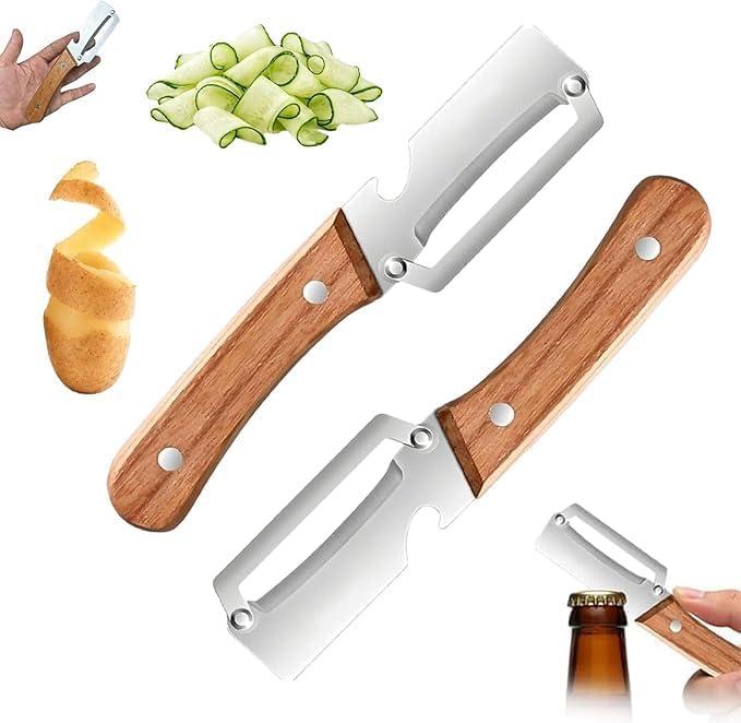 2PCS Multifunctional Vegetable Peeler, 2-in-1 Multifunctional Stainless Steel Peeler, Zero Snag Wooden Peeler, Potato Fruit Pumpkins Kitchen Peelers with Bottle Opener