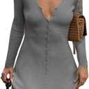 Women Sexy Deep V Neck Button Front Knit Mini Dress Elegant Long Sleeve Ribbed Flowy Hem A-Line Short Dresses (Medium, Grey)