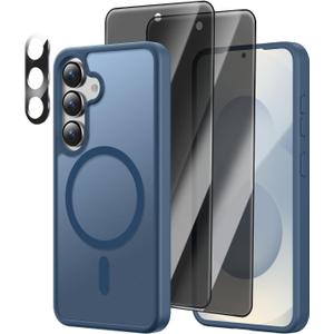[4 in 1] Magnetic for Samsung Galaxy S25 Case, 2 Pics Privacy Screen Protectors and 1 Pic Camera Protector, Fit for MagSafe, Military Shockproof Translucent Matte Galaxy S25 Cover 6.2, Dark Blue
