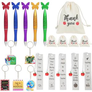 20 PCS Teacher Appreciation Gifts in Bulk 5,Teacher Gifts Metal Bookmarks Teacher Keychains Butterfly Tops Pens Thank You Burlap Drawstring Bags Teacher Appreciation Week Gift Set