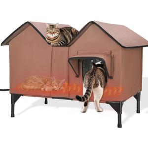 Extra Large Heated Outdoor Cat House Weatherproof, Insulated Outdoor Heated Cat House for Outside with Heater, Elevated Outdoor Feral Cat Shelter for Multiple Cats Small Dogs (Brown, XL)
