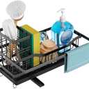 Sponge Holder for Kitchen Sink, Self-draining Sink Organizer with Towel Rack and Brush Holder, Metal Kitchen Sink Organizer for Countertop, Black