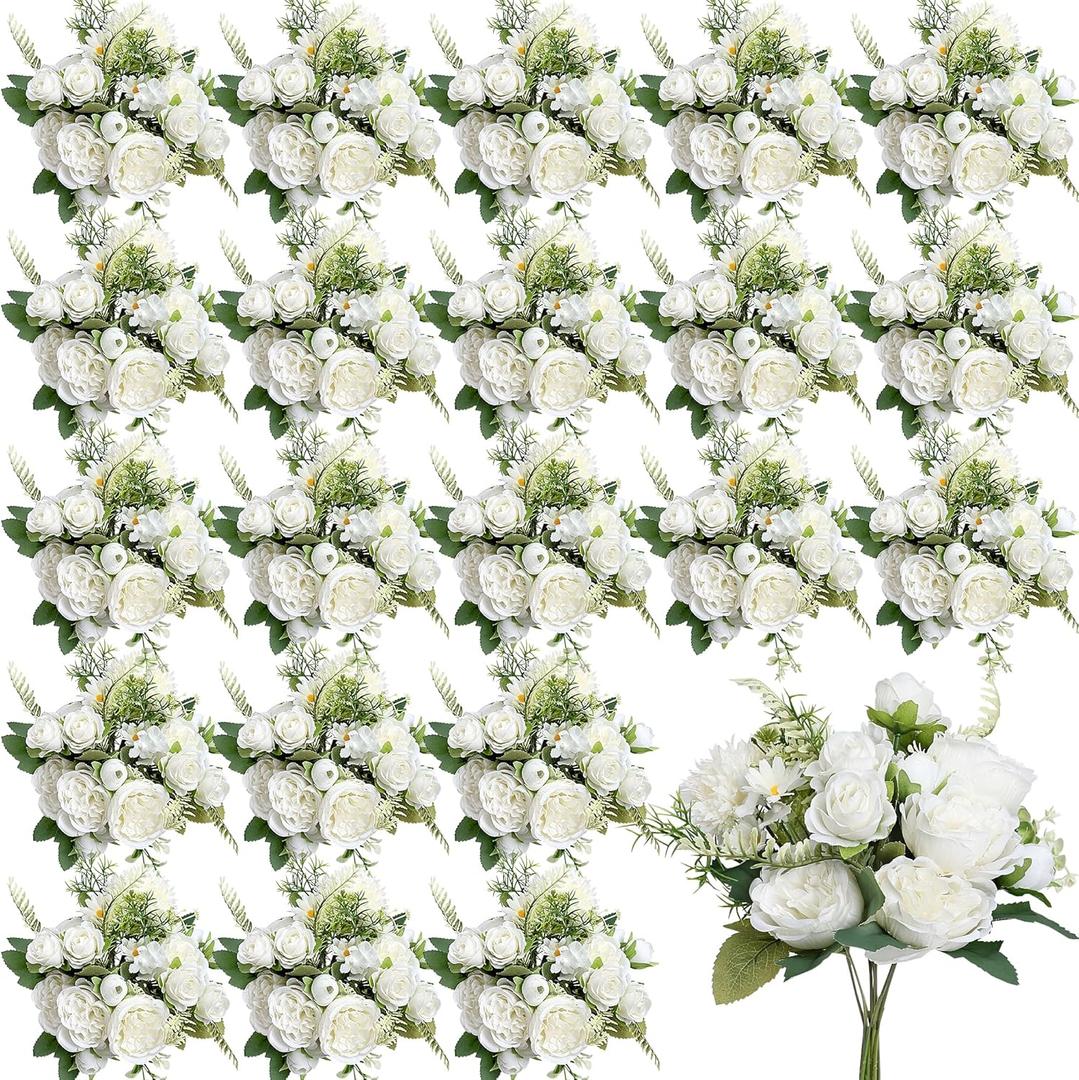 Peonies Artificial Flowers, 24 Bundles Silk Fake Peonies Faux Peony Arrangements for Spring Summer Wedding Bouquet Home Bridal Baby Shower Party Event Centerpieces Vase Office(White)