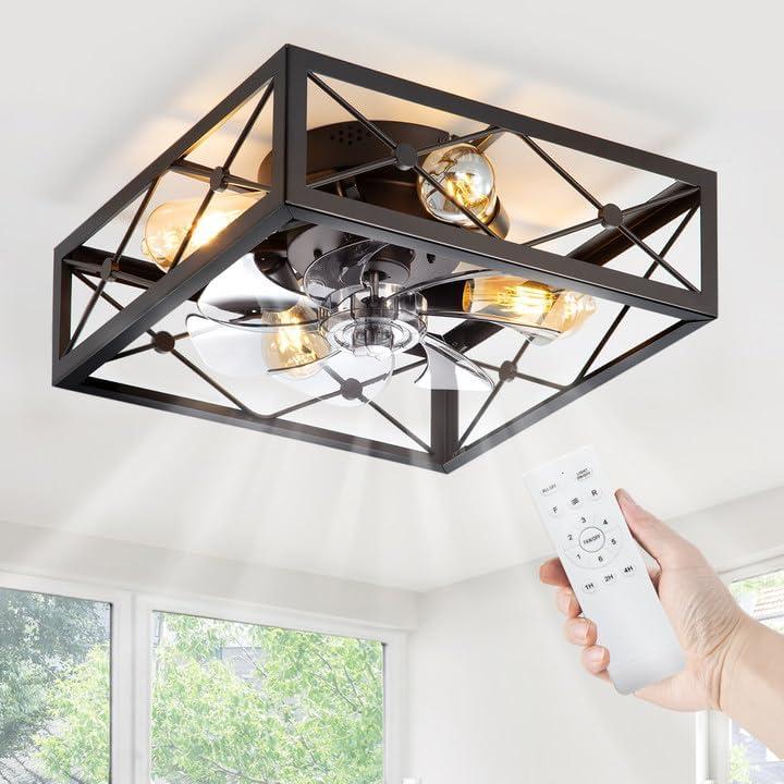 LEDIARY Caged Flush Mount Ceiling Fans with Lights and Remote, Black Square Rustic Low Profile Ceiling Fan, 6 Speed and Reversible, Small Farmhouse Bladeless Ceiling Fan for Bedroom, Kitchen, Indoor LEDIARY Caged Flush Mount Ceiling Fans with Lights and Remote, Black Square Rustic Low Profile Ceiling Fan, 6 Speed and Reversible, Small Farmhouse Bladeless Ceiling Fan for Bedroom, Kitchen, Indoor