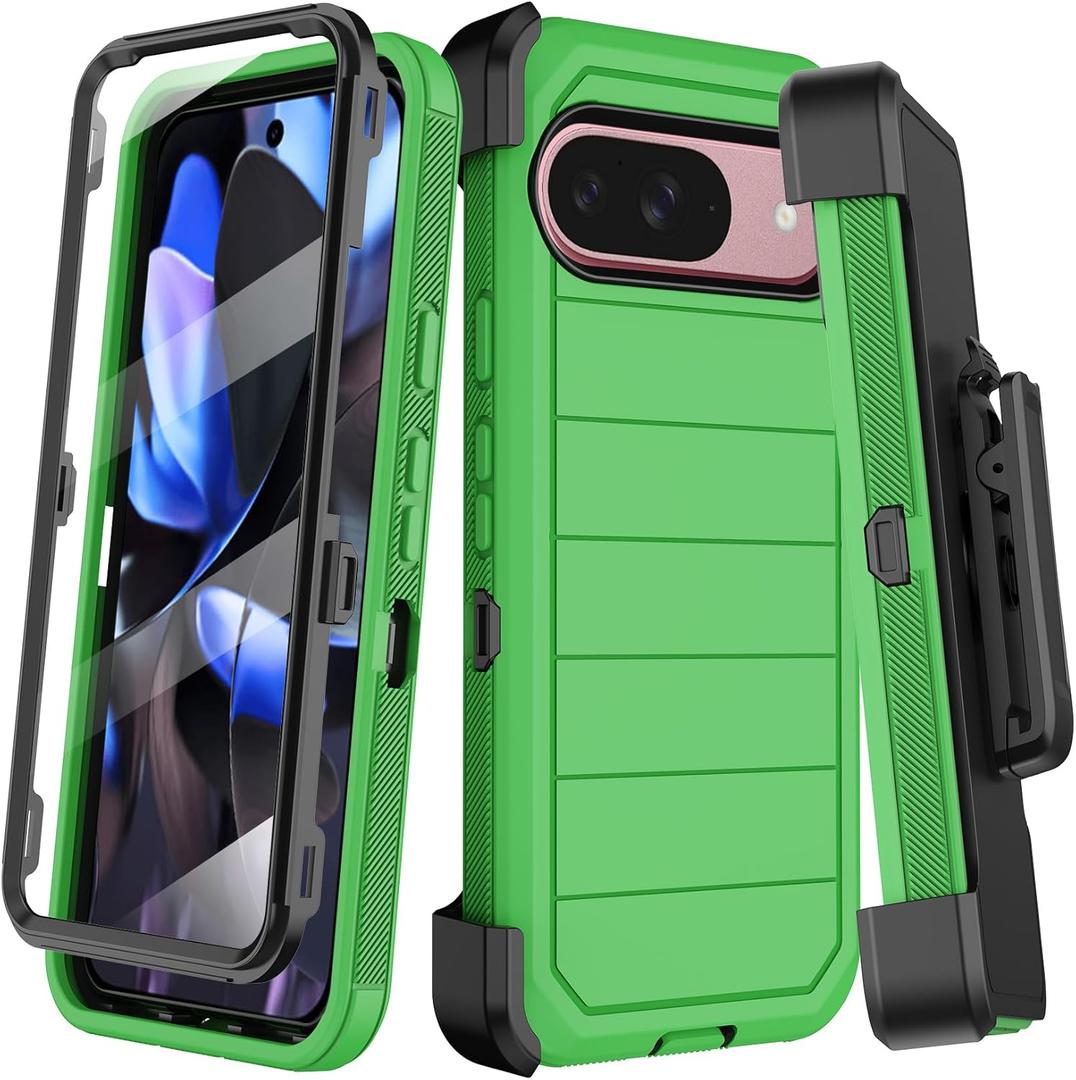 for Google Pixel 9 Case,Pixel 9 Pro Case with Built-in Screen Protector,Belt Clip Holster,Heavy Duty Shockproof Drop Protection Military Grade Rugged Full Body Cover with Kickstand (Green)
