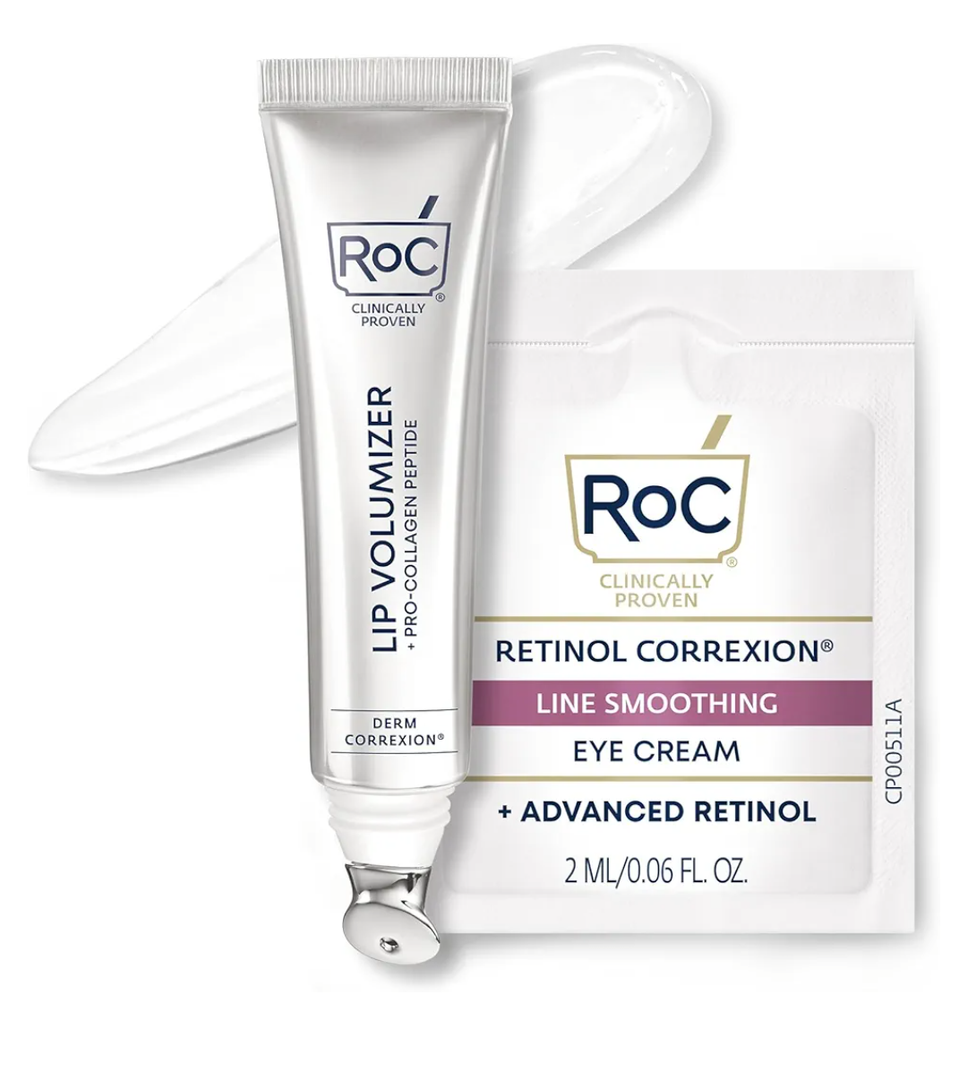 RoC Derm Correxion Lip Volumizer - Lip Plumper Peptide Treatment with Hyaluronic Acid & Vitamin E + Line Smoothing Eye Cream Packette