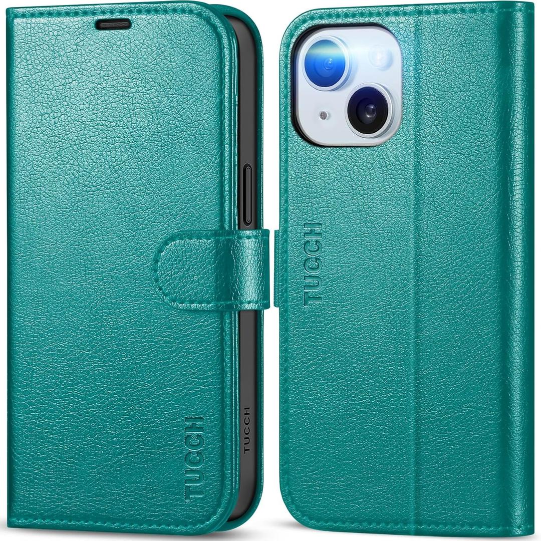 TUCCH Case Wallet for iPhone 15, [RFID Blocking] PU Leather Stand Folio Cover with 4 Card Slots [TPU Protective Interior Shell], Magnetic Flip Case Compatible with iPhone 15 5G 6.1-inch 2023, Cyan