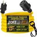 Tellegloww 20 FT 5-15P to L14-30R Adapter Cord Generator Transfer Switch, Generator House Inlet Box Adapter, 15Amp 3Prong 5-15 Male to 30Amp 4Prong L14-30 Locking Female, 10 AWG, ETL Listed