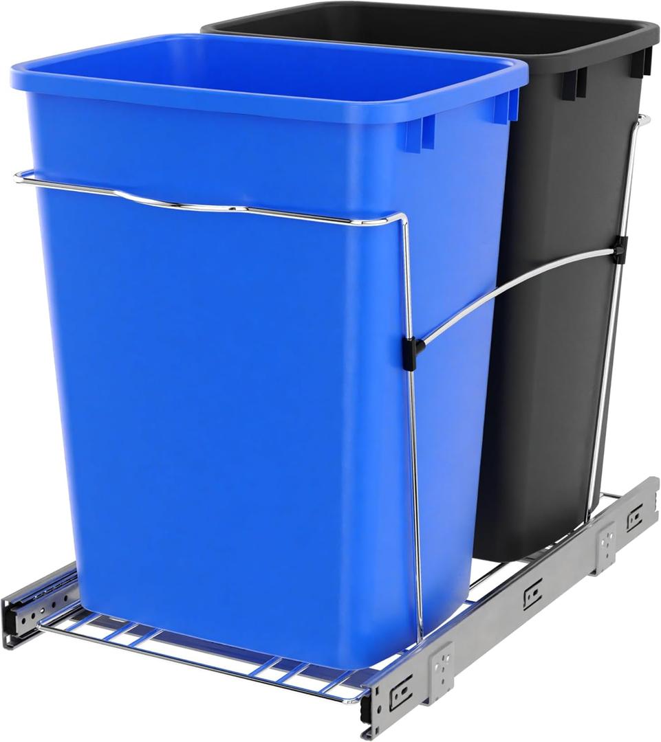 Rev-A-Shelf Double Pullout Trash Cans for Kitchen Cabinets 35 Quart Garbage Recycling Bin on Full Slides, Blue/Black, RV-18KD-2218C-S