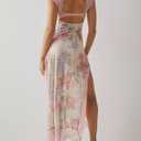 Women Sexy Lace Patchwork Mesh Dress Floral Print Cutout Sweetheart Neck Backless Slit Summer Maxi Dress (L)