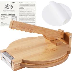 ZUJJAFY Tortilla Press 10 Inch Bamboo Tortilla Maker with 100 Parchment Paper, Mexican Tortillera Presser Homemade Tortillas Pataconera Dough Press (Round)