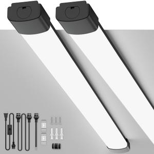 LED Garage Lights 4FT 2PCS Linkable Plug in Ceiling Light Fixture, 5000K Workbench Tube Light with Switch, 36W Overhead Light Bar for Room Shop Cabinet Closet Kitchen, IP65 Waterproof, Black