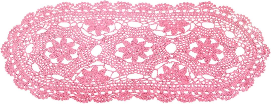 Uxcell Crochet Doilies, 22" x 10" Handmade Crochet Table Placemats Oval Lace Doilies 3 Flowers Pattern Cotton Coaster for Wedding Party Decoration, Light Pink