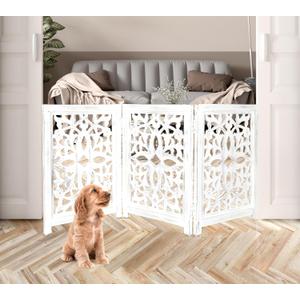 Lightnpro Foldable Carved Wooden Dog Gate - Freestanding 3-Panel Pet Barrier for Dogs - Decorative Walk-Over Fence for Stairs, Doorways & Hallways - Portable & Adjustable - Antique White (24x18 Inch)